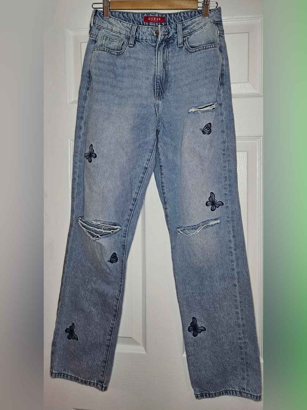 GUESS Y2K Light Blue Embroidered Butterfly High-Rise Jeans - Picture 1 of 9